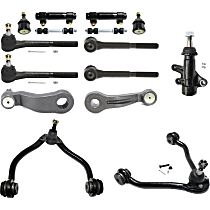Front, Driver and Passenger Side, Upper Control Arm Kit, includes Ball Joints, Idler Arm, Idler Arm Bracket, Pitman Arm, Sway Bar Links, Tie Rod Adjusting Sleeves, and Tie Rod Ends
