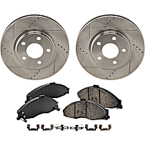4-Piece Kit Front Brake Disc and Pad Kit, Cross-drilled and Slotted, Ceramic Pad Material , includes (2) Brake Disc and (1) Brake Pad Set