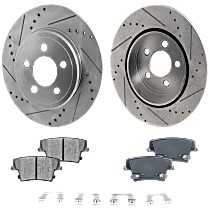 4-Piece Kit Rear Brake Disc and Pad Kit, Cross-drilled and Slotted, Ceramic, Vented Rear Disc, Pro-Line Series , includes (2) Brake Disc and (1) Brake Pad Set
