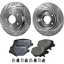 4-Piece Kit Rear Brake Disc and Pad Kit, Cross-drilled and Slotted, Ceramic, 302mm Front Disc, 305mm  Disc, Single Piston Front Caliper, Except Heavy Duty Brakes, Base, 3.6L 6Cyl, Pro-Line Series  Includes (2) Brake Disc and (1) Brake Pad