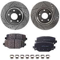 4-Piece Kit Rear Brake Disc and Pad Kit, Cross-drilled and Slotted Ceramic Pro-Line Series, includes (2) Brake Disc and (1) Brake Pad Set