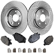 4-Piece Kit Rear Brake Disc and Pad Kit, Plain Surface, 5 Lugs, Ceramic, 330mm Front and 328mm  Disc, Dual Piston Front Caliper, Except Heavy Duty Brakes, Tradesman, 3.6L 6Cyl, Pro-Line Series  Includes (2) Brake Disc and (1) Brake Pad