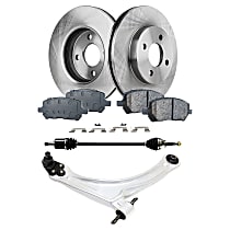 6-Piece Kit Front, Passenger Side, Lower Control Arm Kit, FWD, For Models With FE1 Suspension, 5-Speed, Automatic Transaxle, includes (1) Axle Assembly, (2) Brake Disc, (1) Brake Pad Set, and (1) Control Arm