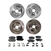 Front and Rear Brake Disc and Pad Kit, Plain Surface, 5 Lugs, Organic - Front; Ceramic - Rear, Cast Iron