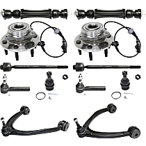 Front, Driver and Passenger Side Control Arm Kit, includes Ball Joints, Sway Bar Links, Tie Rod Ends, and Wheel Hubs