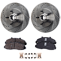 4-Piece Kit Front Brake Disc and Pad Kit, Cross-drilled and Slotted, 5 Lugs, Semi-metallic, RWD, 2-Wheel ABS Production Date To November 1999, 4.2L 6Cyl, Pro-Line Series  Includes (2) Brake Disc and (1) Brake Pad Set