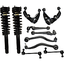 10-Piece Kit Front, Driver and Passenger Side, Upper and Lower Control Arm Kit, includes (6) Control Arm, (2) Shock Absorber and Strut Assembly, and (2) Sway Bar Link
