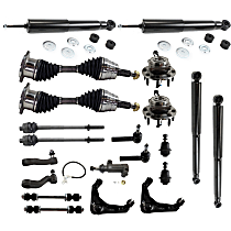 Front, Driver and Passenger Side Control Arm Kit, includes Axle Assemblies, Ball Joints, Idler Arm, Idler Arm Bracket, Pitman Arm, Shock Absorbers, Sway Bar Links, Tie Rod Ends, and Wheel Hubs