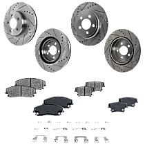 Front and Rear Brake Disc and Pad Kit, Cross-drilled and Slotted, 5 Lugs, Ceramic, 320mm Front Disc, Single Piston Front Calipers, Touring Brakes, Performance Brakes, Pro-Line Series
