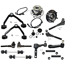 16-Piece Kit Front, Driver and Passenger Side, Upper Control Arm Kit with Ball Joints, Idler Arm, Pitman Arm, Sway Bar Links, Tie Rod Adjusting Sleeves, Tie Rod Ends, and Wheel Hubs, 4WD