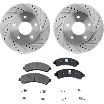 4-Piece Kit Front Brake Disc and Pad Kit, Cross-drilled and Slotted, 5 Lugs, Ceramic, Pro-Line Series , includes (2) Brake Disc and (1) Brake Pad Set