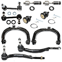 10-Piece Kit Front, Driver and Passenger Side Suspension Kit, 4WD, with 16 (mm) Threads, with Female Threads, includes (2) Ball Joint, (2) Control Arm, (2) Sway Bar Link, and (4) Tie Rod End