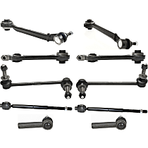 10-Piece Kit Front, Driver and Passenger Side, Lower, Forward and Rearward Control Arm Kit, RWD, includes (4) Control Arm, (2) Sway Bar Link, and (4) Tie Rod End
