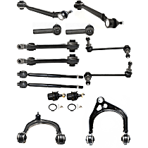 Front, Driver and Passenger Side, Upper and Lower, Frontward and Rearward Control Arm Kit, Rear Wheel Drive, includes Ball Joints, Sway Bar Links, and Tie Rod Ends