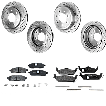 Front and Rear Brake Disc and Pad Kit, Cross-Drilled and Slotted 7 Lugs Ceramic - Front, Semi-Metallic - Rear Four Wheel Drive/Rear Wheel Drive Pro-Line Series