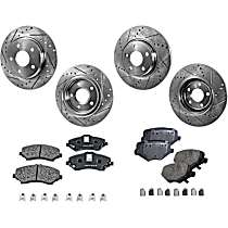 Front and Rear Brake Disc and Pad Kit, Cross-Drilled and Slotted, Semi-Metallic - Front, Ceramic - Rear, 302mm Front and 305mm Rear Disc, Production Date From March-25-2012