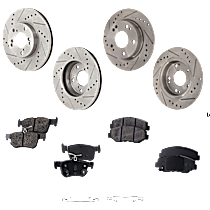 8-Piece Kit Front and Rear Brake Disc and Pad Kit, Cross-drilled and Slotted, 5 Lugs, Ceramic, 2.0L 4Cyl, Pro-Line Series  Includes (4) Disc and (2) Pad Set