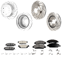 Front and Rear Brake Disc and Pad Kit, Cross-drilled and Slotted, 6 Lugs, Ceramic, Pro-Line Series