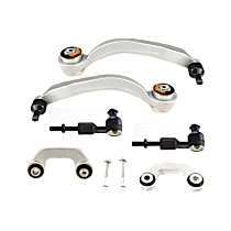 6-Piece Kit Front, Driver and Passenger Side, Lower, Outer, Rearward Control Arm, FWD, includes (2) Control Arm, (2) Sway Bar Link, and (2) Tie Rod End