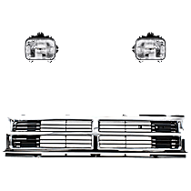 3-Piece Kit, Driver and Passenger Side, Center Halogen Headlight, With bulb(s), Four Wheel Drive, OE Replacement, Includes (2) Headlight and (1) Grille Assembly