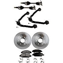 8-Piece Kit Front, Driver and Passenger Side Axle Assembly, Four Wheel Drive, With Rear Drum Brake, Classic GMT 800, New, includes (2) Axle Assembly, (2) Brake Disc, (1) Brake Pad Set, and (2) Control Arm