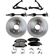 8-Piece Kit Front, Driver and Passenger Side, Lower Control Arm Kit, AWD, Cast Iron Arm, Without Aluminum Steering Knuckles, Supplied with Standard Neoprene Outboard Boot, includes (2) Axle Assembly, (2) Brake Disc, (1) Brake Pad Set, and (2) Control Arm
