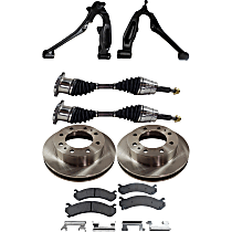 Front, Driver and Passenger Side, Lower Control Arm Kit, includes Axle Assembly, Brake Discs, and Brake Pad Set