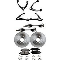 10-Piece Kit Front, Driver and Passenger Side, Upper and Lower Control Arm Kit, AWD, Cast Iron Arm, Without Aluminum Steering Knuckles, Supplied with Standard Neoprene Outboard Boot, includes (2) Axle Assembly, (2) Brake Disc, (1) Brake Pad Set, and (4) Control Arm