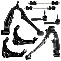 8-Piece Kit Front, Driver and Passenger Side, Upper and Lower Control Arm, Heavy Duty Design, With Front Torsion Bar Spring, includes (4) Control Arm, (2) Sway Bar Link, and (2) Tie Rod End