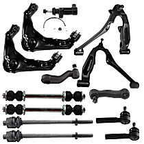 13-Piece Kit Front, Driver and Passenger Side, Upper and Lower Control Arm, 18 (mm) Thread at Centerlink, HD Design, 3 Groove Spline, w/ Front Torsion Bar Spring, includes Control Arm, Idler Arm, Idler Arm Bracket, Pitman Arm, Sway Bar Link, Tie Rod End