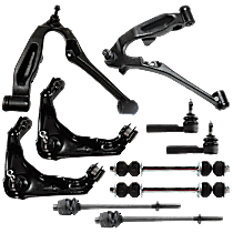 10-Piece Kit Front, Driver and Passenger Side, Upper and Lower Control Arm, 18 (mm) Thread at Centerlink, Heavy Duty Design, With Front Torsion Bar Spring, includes (4) Control Arm, (2) Sway Bar Link, and (4) Tie Rod End