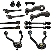 13-Piece Kit Front, Driver and Passenger Side, Upper Control Arm, 4WD, Under 7,500 lbs. GVW,  Includes (2) Ball Joint, (2) Control Arm, (1) Idler Arm, (1) Pitman Arm, (2) Sway Bar Link, (1) Tie Rod Adjusting Sleeve, and (4) Tie Rod End