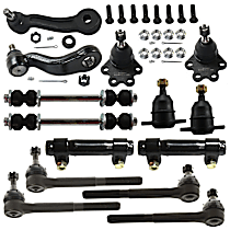 14-Piece Kit Front, Driver and Passenger Side, Upper or Front, Driver and Passenger Side, Lower Ball Joint, Bolt-On Type,  Includes (4) Ball Joint, (1) Idler Arm, (1) Pitman Arm, (2) Sway Bar Link, (2) Tie Rod Adjusting Sleeve, and (4) Tie Rod End