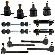 12-Piece Kit Front, Driver and Passenger Side, Upper or Front, Driver and Passenger Side, Lower Ball Joint, Press-In Type, includes (4) Ball Joint, (2) Sway Bar Link, (2) Tie Rod Adjusting Sleeve, and (2) Tie Rod End