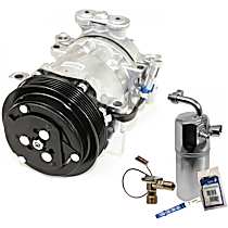 A/C Compressor Kit with A/C Service Kit (A/C Accumulator, A/C Orifice Tube, and A/C O-Ring, Gasket Seal Kit), 6-Groove Pulley, 4.33in Diameter; HT6; Hoses Built to Top; PAG 46 Oil; with 2 O'Clock Coil