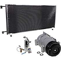 3-Piece Kit A/C Compressor with A/C Condenser and A/C Service Kit (A/C Accumulator, Expansion Valve, Orifice Tube, and A/C O-Ring and Gasket Seal Kit), 4-Groove Pulley, One Bolt to Mount the Hoses