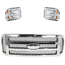 3-Piece Kit Grille Chrome Shell with Painted Gray Insert, Includes (1) Grille and (2) Headlight