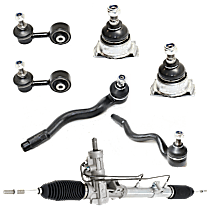 7-Piece Kit Front, Driver and Passenger Side, Outer Suspension Kit, Includes (2) Ball Joint, (1) Steering Rack, (2) Sway Bar Link, and (2) Tie Rod End