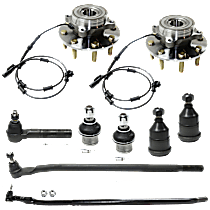 9-Piece Kit Front, Driver and Passenger Side Tie Rod End, Gear Steering Type, Power Steering, Tapered Hole Mounted Steering Damper, 4WD, includes (4) Ball Joint, (1) Drag Link, (2) Tie Rod End, and (2) Wheel Hub