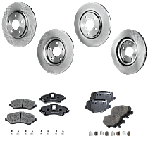 8-Piece Kit Front and Rear Brake Disc and Pad Kit, Plain Surface, 330mm Front and 328mm Rear Disc, Tradesman, 3.6L 6Cyl, Pro-Line Series  Includes (4) Brake Disc and (2) Brake Pad Set