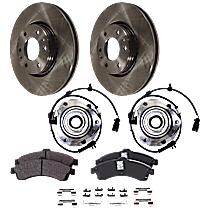 6-Piece Kit Front Brake Disc and Pad Kit, Plain Surface, includes (2) Brake Disc, (1) Brake Pad Set, and (2) Wheel Hub