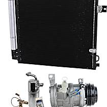 3-Piece Kit A/C Compressor, 4-Groove Pulley, includes A/C Condenser, and A/C Service Kit (A/C Expansion Valve, A/C Receiver Drier, and A/C O-Ring and Gasket Seal Kit), Two Bolts to mount the Hoses