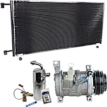 3-Piece Kit A/C Compressor with A/C Condenser and A/C Service Kit (A/C Accumulator, Expansion Valve, Orifice Tube, and A/C O-Ring and Gasket Seal Kit), 4-Groove Pulley, Two Bolts to Mount the Hoses