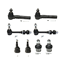 8-Piece Kit Front, Driver and Passenger Side, Outer Tie Rod End, Gear Steering Type, Power Steering, Tapered Hole Mounted Steering Damper,  Includes (4) Ball Joint, (2) Sway Bar Link and (2) Tie Rod End