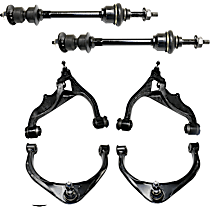 8-Piece Kit Front, Driver and Passenger Side, Upper and Lower Control Arm, 4WD/RWD, includes (4) Control Arm, (2) Sway Bar Link, and (2) Tie Rod End