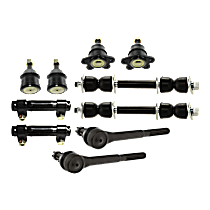 10-Piece Kit Front, Driver and Passenger Side, Upper and Lower Ball Joint, Press-In Type, includes (4) Ball Joint, (2) Sway Bar Link, (2) Tie Rod Adjusting Sleeve, and (2) Tie Rod End