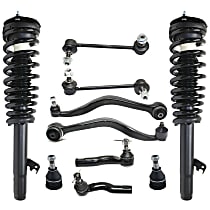10-Piece Kit Front, Driver and Passenger Side, Lower Control Arm Kit, includes (2) Ball Joint, (2) Control Arm, (2) Loaded Strut, (2) Sway Bar Link, and (2) Tie Rod End