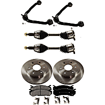 8-Piece Kit Front, Driver and Passenger Side Axle Assembly, Four Wheel Drive, New, includes (2) Axle Assembly, (2) Brake Disc, (1) Brake Pad Set, and (2) Control Arm