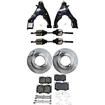 7-Piece Kit Front, Driver and Passenger Side, Lower Control Arms, 4WD, includes Axle Assembly, Brake Discs, and Brake Pad Set
