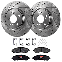 4-Piece Kit Front Brake Disc and Pad Kit, Cross-drilled and Slotted, 5 Lugs, Ceramic, RT, 3.5L 6Cyl,  Includes (2) Brake Disc and (1) Brake Pad Set